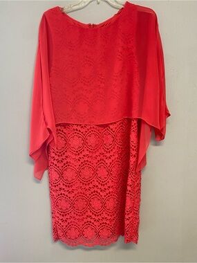 Adrianna Papell Bright Pink Evening Dress Size 10 Lace Sleeveless Sheer